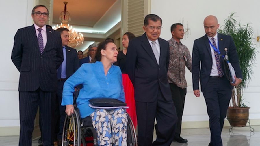 Wakil Presiden Jusuf Kalla menerima kunjungan resmi Wakil Presiden Republik Argentina Gabriela Michetti di Istana Wakil Presiden, Jakarta, Selasa (7/5/2019).