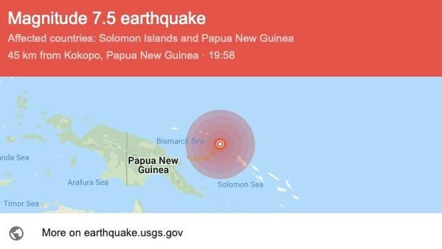 Terjadi gempa dengan Magnitudo 7,5 di Kokopo, Papua Nugini. Kedalaman 10 Km.