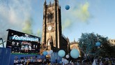 Suasana panggung perayaan juara Manchester City yang berlokasi di dekat katedral Manchester City. (Action Images via Reuters/Lee Smith)