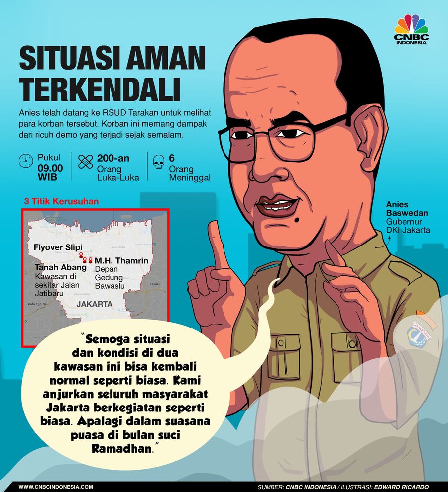 Saat Anies Anjurkan Masyarakat Berkegiatan Seperti Biasa Gubernur DKI Jakarta Anies Baswedan memberikan tanggapan ihwal kericuhan yang terjadi pada Rabu (22/5/2019) dini hari WIB.