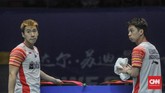 Kevin Sanjaya/Marcus Gideon kembali dipercaya menjadi ganda pertama Indonesia saat melawan Taiwan di perempat final Piala Sudirman 2019. (CNN Indonesia/Putra Permata Tegar Idaman)