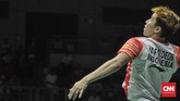 Marcus Gideon melakukan smes. Kevin/Marcus menang dua gim langsung atas ganda Taiwan Lee Yang/Wang Chi-Lin 21-17 dan 21-17. (CNN Indonesia/Putra Permata Tegar Idaman)