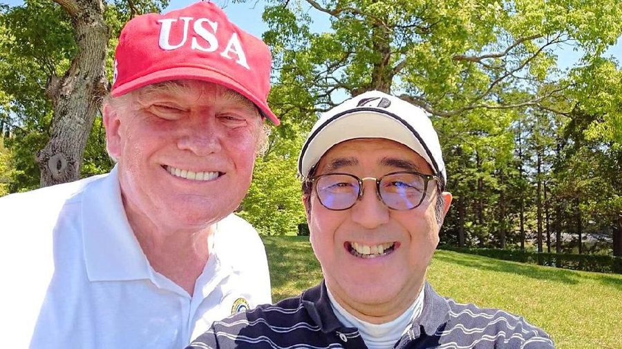 Japan's Prime Minister Shinzo Abe poses for a selfie with U.S. President Donald Trump at Mobara Country Club in Mobara, Chiba prefecture, Japan, May 26, 2019, in this picture obtained from social media. Courtesy of Instagram @kantei, Prime Minister's Office, Japan/via REUTERS   THIS IMAGE HAS BEEN SUPPLIED BY A THIRD PARTY. MANDATORY CREDIT. NO RESALES. NO ARCHIVES. TPX IMAGES OF THE DAY
