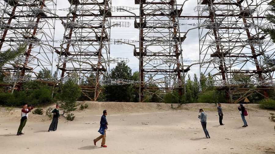 Visitors inspect constructions of a former Soviet Union over-the-horizon (OTH) radar system