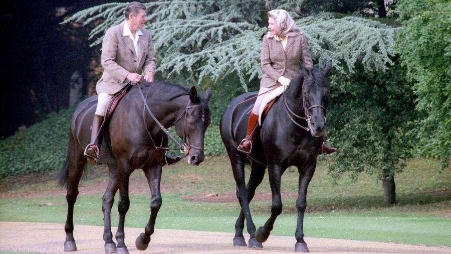 U.S. President Ronald Reagan rides horses with Britain's Queen Elizabeth at Windsor Castle near London, Britain, June 8, 1982. Ronald Reagan Presidential Library/U.S. National Archives and Records Administration/Handout via REUTERS THIS IMAGE HAS BEEN SUPPLIED BY A THIRD PARTY