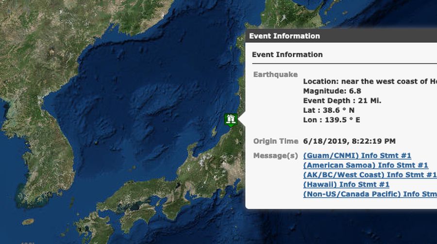 Gempa bumi dengan berkekuatan magnitudo skala 6,8 terjadi di wilayah Tsuruoka, pantai barat Jepang.