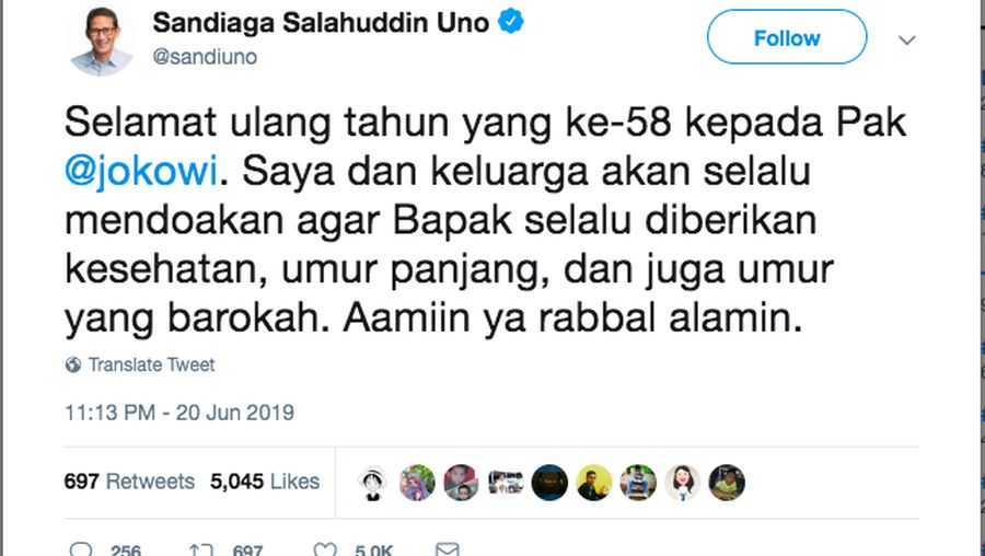 Dengan ucapan penuh doa dan nada sejuk, Sandiaga Uno ucapkan selamat ulang tahun ke Presiden Joko Widodo