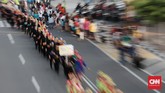 Rute parade terbagi menjadi dua. Rute pertama, parade jalan kaki yang dimulai dari Silang Merdeka Tenggara, melewati Balai Kota, MH Thamrin, kemudian kembali ke Monas. (CNN Indonesia/Andry Novelino)