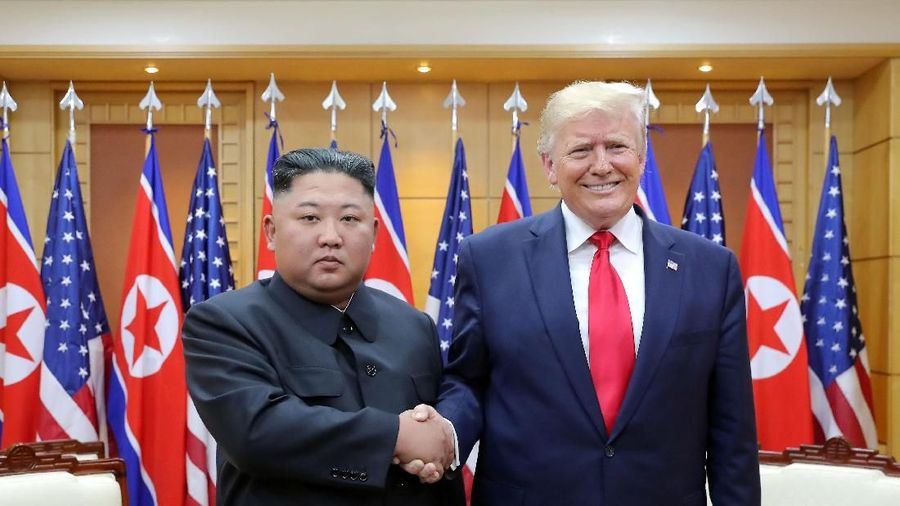 U.S. President Donald Trump shakes hands with North Korean leader Kim Jong Un as they meet at the demilitarized zone separating the two Koreas, in Panmunjom, South Korea, June 30, 2019. KCNA via REUTERS    ATTENTION EDITORS - THIS IMAGE WAS PROVIDED BY A THIRD PARTY. REUTERS IS UNABLE TO INDEPENDENTLY VERIFY THIS IMAGE. NO THIRD PARTY SALES. SOUTH KOREA OUT. NO COMMERCIAL OR EDITORIAL SALES IN SOUTH KOREA.
