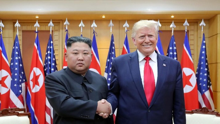U.S. President Donald Trump shakes hands with North Korean leader Kim Jong Un as they meet at the demilitarized zone separating the two Koreas, in Panmunjom, South Korea, June 30, 2019. KCNA via REUTERS    ATTENTION EDITORS - THIS IMAGE WAS PROVIDED