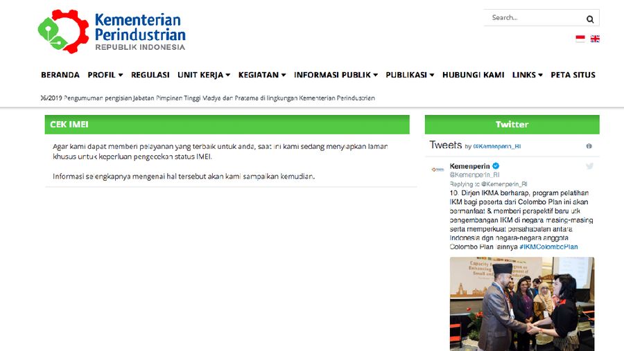 Laman pengecekan IMEI di Kemenperin down, apa sebabnya?