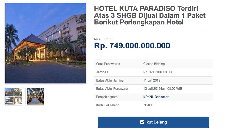 Adaapun nilai limit lelang tersebut Rp 749 miliar dengan jaminan Rp 374,5 miliar.