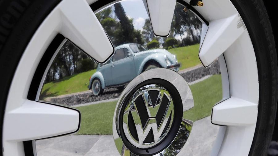 The logo of the Volkswagen is pictured during a ceremony marking the end of production of VW Beetle cars, at company's assembly plant in Puebla, Mexico, July 10, 2019. REUTERS/Imelda Medina