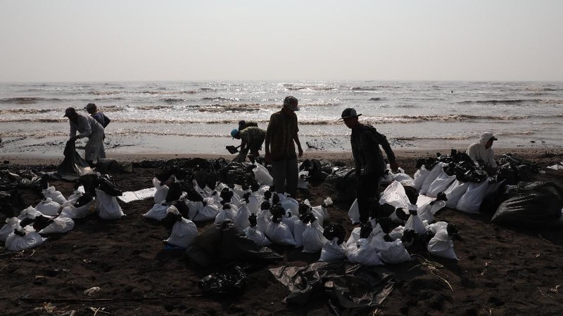 Pesisir pantai tersebut tercemar akibat terjadi kebocoran minyak dan gas di sekitar anjungan lepas pantai YYA-1