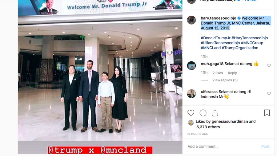 Bos Grup MNC Hary Tanoesoedibjo kedatangan Donald Trump Jr, putra sulung dari Presiden Amerika Serikat.