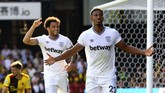 Setelah sekali bermain imbang dan sekali kalah, West Ham United akhirnya mencicipi kemenangan usai mengalahkan Watford 3-1 di Vicarage Road. Sebastian Haller (kanan) mencetak dua gol dalam pertandingan tersebut. (Aaron Chown/PA via AP)