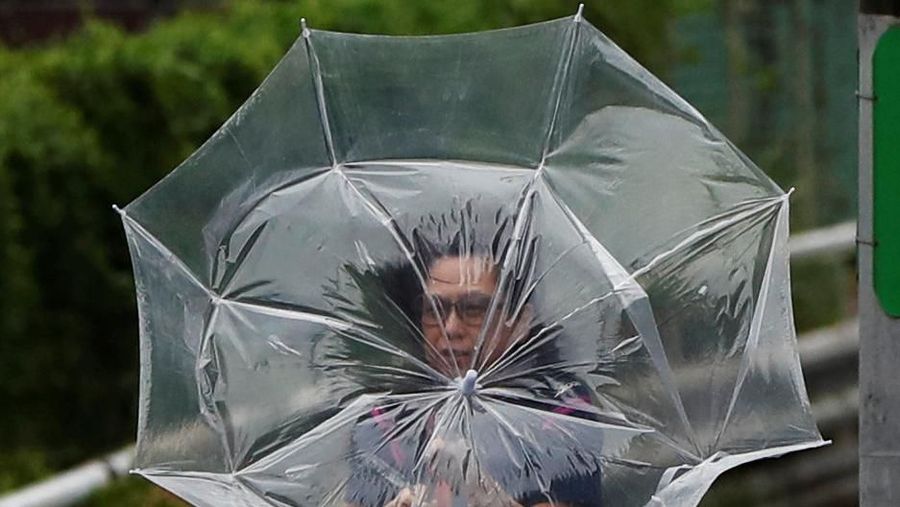 A woman using an umbrella struggles against a heavy rain and wind caused by Typhoon Faxai in Tokyo, Japan September 9, 2019.  REUTERS/Issei Kato