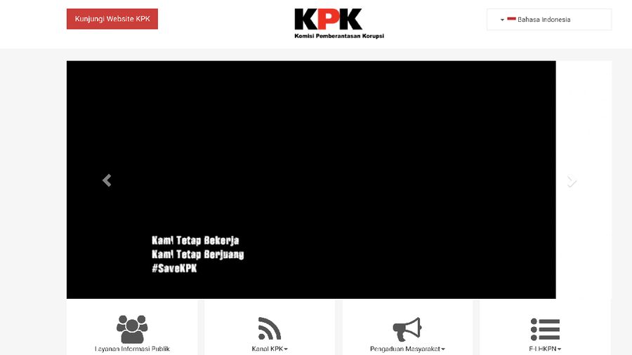 Tampilan muka situs Komisi Pemberantasan Korupsi (KPK), KPK.go.id mendadak hitam sejak pagi (13/9/2019) ini.