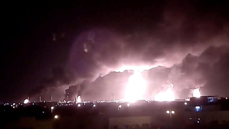Fires burn in the distance after a drone strike by Yemen's Iran-aligned Houthi group on Saudi company Aramco's oil processing facilities, in Buqayq, Saudi Arabia September 14, 2019 in this still image taken from a social media video obtained by REUTERS     ATTENTION EDITORS - THIS IMAGE HAS BEEN SUPPLIED BY A THIRD PARTY. MANDATORY CREDIT. NO RESALES. NO ARCHIVES.