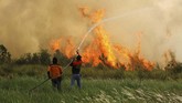 Petugas BPBD Kalsel bersama Masyarakat Peduli Api (MPA) berupaya memadamkan api yang membakar lahan gambut di kawasan Syamsudin Noor, Banjarbaru, Kalimantan Selatan. Sejak sebulan terakhir rakyat Kalimantan diserbu oleh kabut asap dari kebakaran hutan. (ANTARA FOTO/Bayu Pratama S)