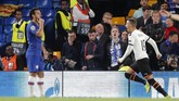 Valencia sukses menekuk Chelsea 1-0 berkat satu-satunya gol yang dilesakkan Rodrigo Moreno di Stadion Stamford Bridge. (AP Photo/Frank Augstein)