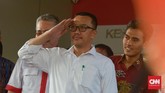 Imam Nahrawi meminta dukungan kepada semua pihak untuk menghadapi proses hukum kasus korupsi dana hibah KONI. (CNN Indonesia/Daniela Dinda)