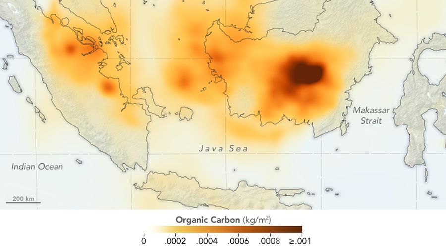 Penampakan kebakaran hutan dan kabut asap di Kalimantan dari satelit NASA.