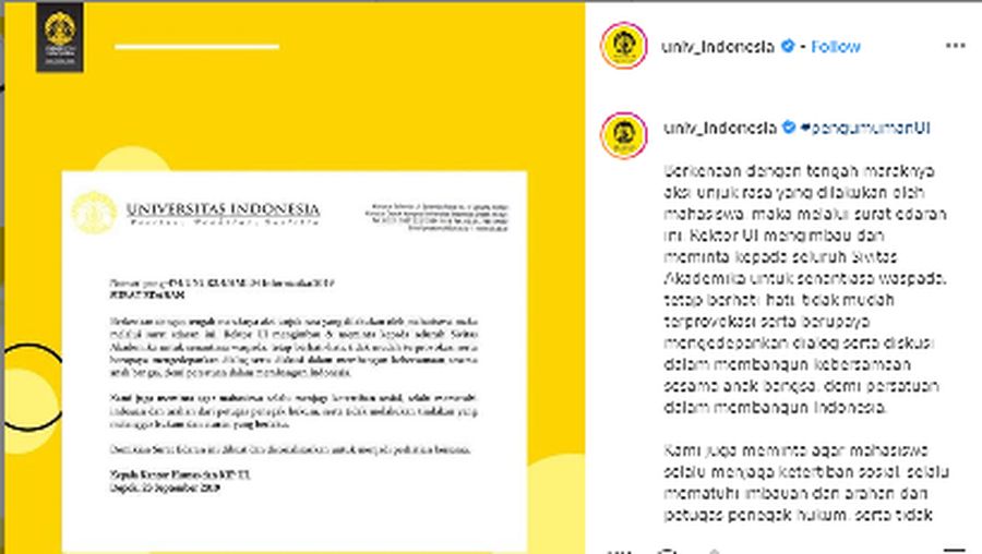 Rektor Universitas Indonesia (UI) mengeluarkan surat edaran terkait aksi demo mahasiswa di gedung MPR/DPR hari ini.