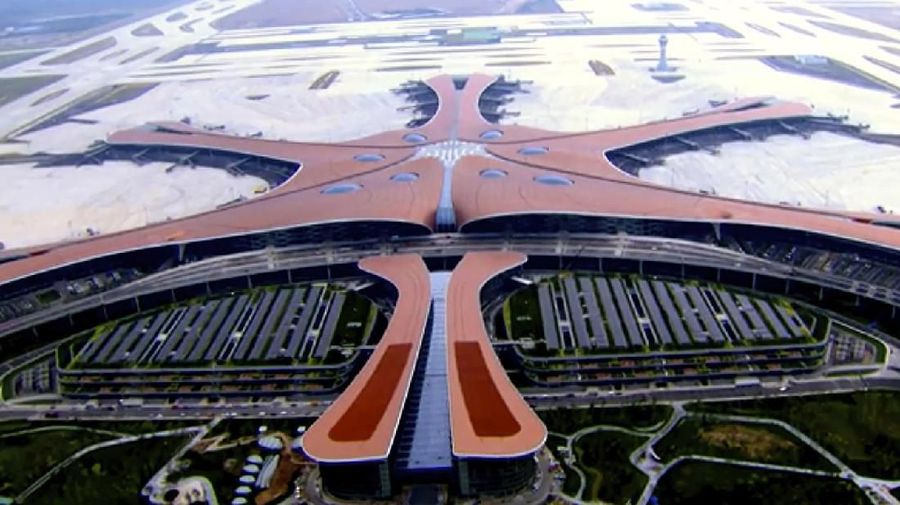 In this image made from CCTV video taken Sept. 17, 2019, an aerial view is seen of the new Beijing Daxing International Airport. The Chinese capital, Beijing, has opened a second international airport with a terminal billed as the world’s biggest. (CCTV via AP)