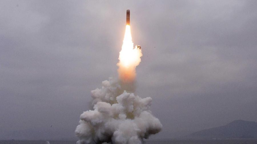 What appears to be a submarine-launched ballistic missile (SLBM) flies in an undisclosed location in this undated picture released by North Korea's Central News Agency (KCNA) on October 2, 2019.   KCNA via REUTERS    ATTENTION EDITORS - THIS IMAGE WAS PROVIDED BY A THIRD PARTY. REUTERS IS UNABLE TO INDEPENDENTLY VERIFY THIS IMAGE. NO THIRD PARTY SALES. SOUTH KOREA OUT.