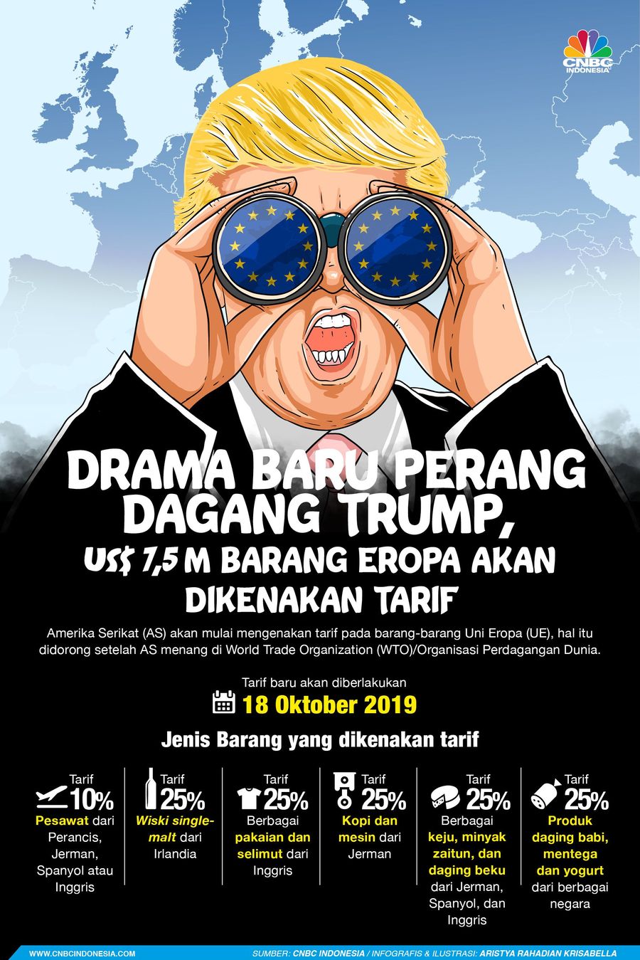 Amerika Serikat (AS) akan mulai mengenakan tarif pada barang-barang Uni Eropa.