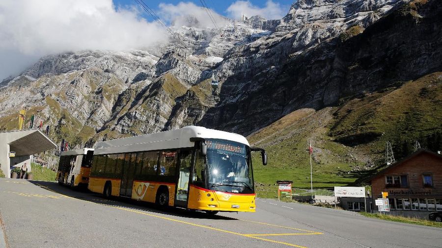 Mount Saentis , Swiss (REUTERS/Arnd Wiegmann) A PostAuto bus drives in front of the north-eastern Swiss landmark Mount Saentis (2502 metres/8209 feet above sea level) in Schwaegalp, Switzerland October 3, 2019. REUTERS/Arnd Wiegmann
