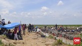 Warga pemburu harta karun Sriwijaya mendirikan tenda di sekitar lokasi perburuan untuk tempat beristirahat dan tempat keluarga dan anak-anaknya menunggu di bawah terik matahari. (CNN Indonesia/Hafidz Trijatnika)