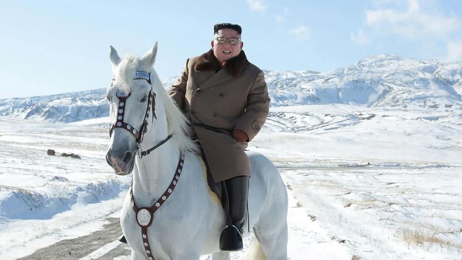 Kim Jong Un menunggang seekor kuda putih mendaki Gunung Paektu.