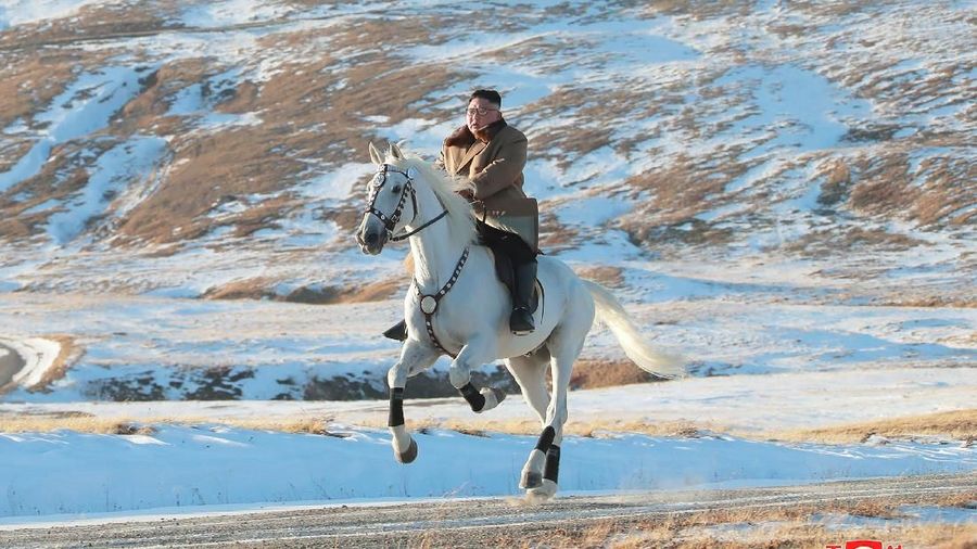 Kim Jong Un menunggang seekor kuda putih mendaki Gunung Paektu.