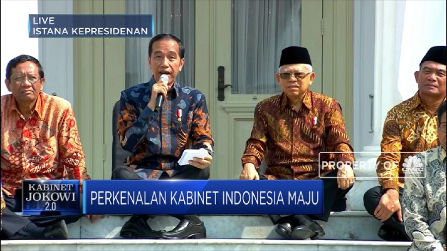 Presiden Joko Widodo (Jokowi) dan Wapres Ma'ruf Amin mengumumkan kabinet baru.