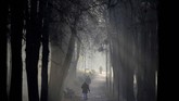 Orang-orang berjalan menerobos pagi yang berkabut di suatu taman di Minsk, Belarusia. (AP Photo/Sergei Grits)