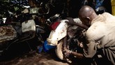 Di bengkel Adama terlihat ada empat setengah unit Vespa sedang menunggu dioperasi agar suku cadangnya bisa digunakan buat menghidupkan unit lainnya. (MICHELE CATTANI / AFP)