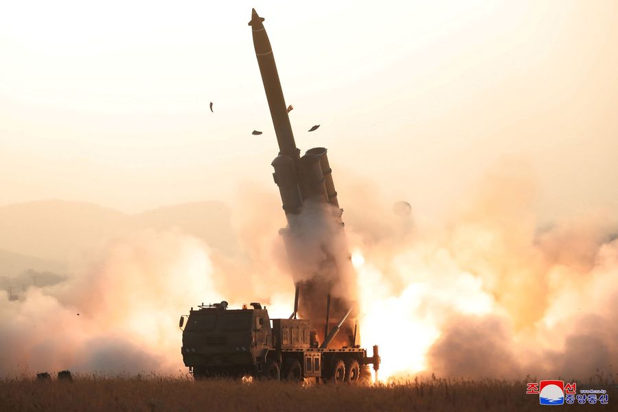 The apparent launching of projectiles that, according to military officials in Japan and South Korea, landed in the sea between the Korean Peninsula and Japan, is seen in this undated picture released by North Korea's Central News Agency (KCNA) on October 31, 2019. KCNA via REUTERS