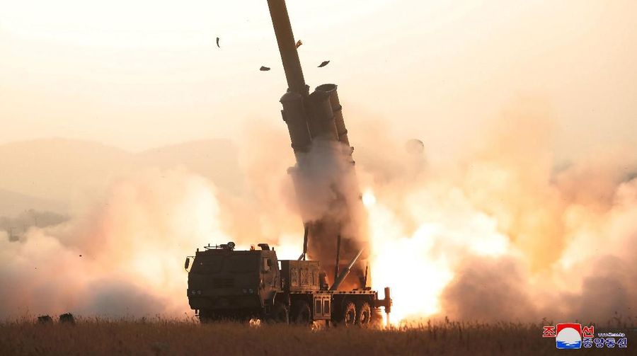The apparent launching of projectiles that, according to military officials in Japan and South Korea, landed in the sea between the Korean Peninsula and Japan, is seen in this undated picture released by North Korea's Central News Agency (KCNA) on October 31, 2019. KCNA via REUTERS