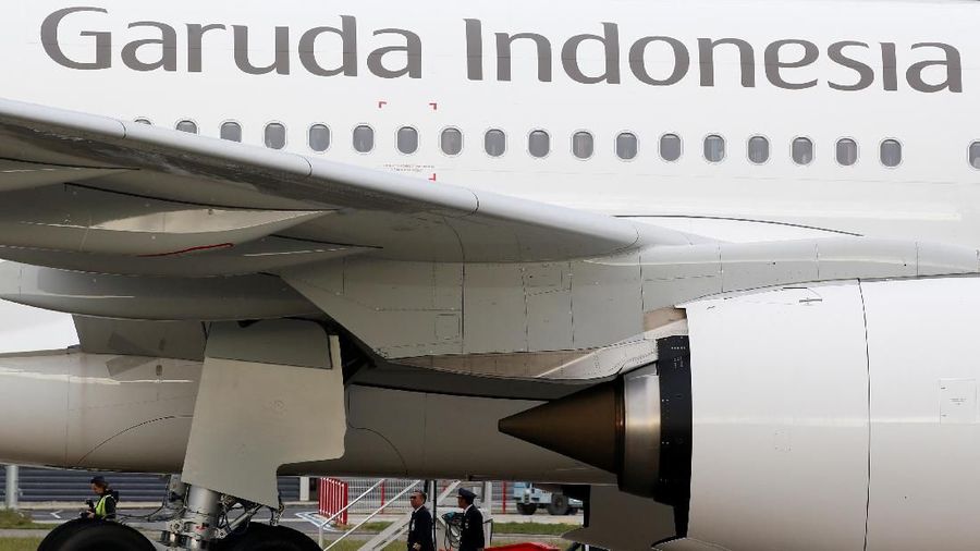 The logo of Garuda Indonesia is pictured on an Airbus A330 aircraft parked at the aircraft builder's headquarters of Airbus in Colomiers near Toulouse, France, November 15, 2019. REUTERS/Regis Duvignau