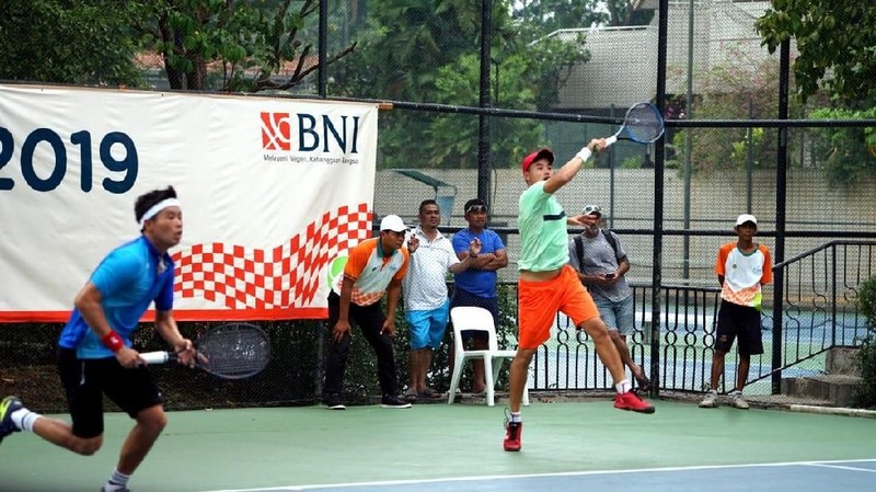 Aksi Ganda putra bersaudara unggulan Pelatnas David Agung Susanto dan Anthony Susanto memenangkan pertandingan final BNI Tennis Open 2019