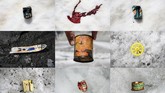 Foto kombinasi yang diambil dari Mer de Glace menunjukkan beragam sampah di Mer de Glace yang muncul ke permukaan akibat salju yang sebelumnya menutupi barang-barang itu meleleh. (Photo by MARCO BERTORELLO / AFP)