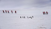 Turis dan Penguin Barbijo (Pygoscelis antarcticus) di Half Moon Island. (AFP/Johan Ordonez)