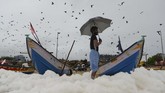 Seorang pria melihat buih berbusa yang disebabkan oleh polutan di ombak Pantai Marina, Chennai pada awal Desember 2019. (Photo by Arun SANKAR/AFP).
