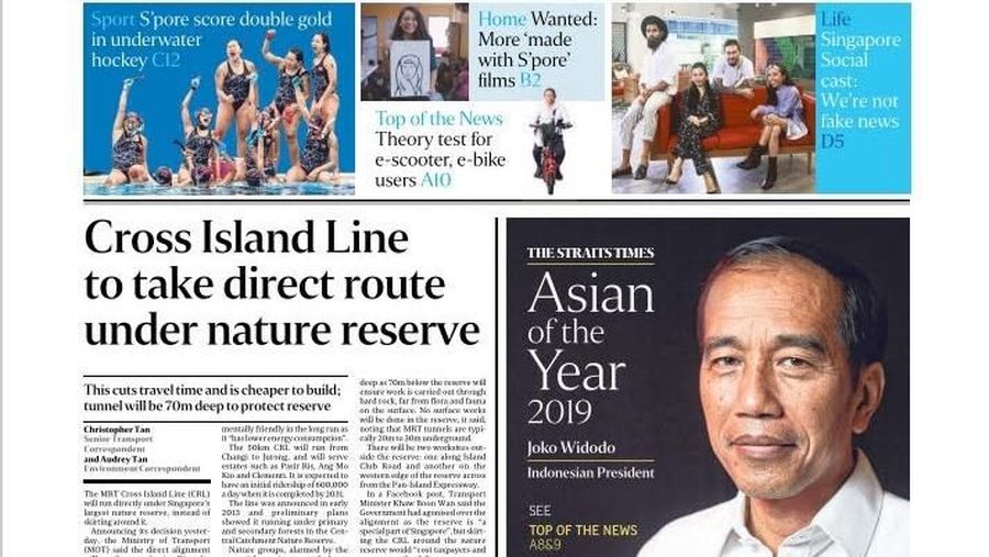 Presiden Joko Widodo (Jokowi) mendapatkan penghargaan Asian of The Year 2019 dari Straits Times Singapura