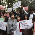 People from northeastern Indian states shout slogans against the government during a protest against Citizenship Amendment Bill (CAB), in New Delhi, India, Wednesday, Dec. 11, 2019. Protesters have burned tires and blocked highways and rail tracks in