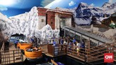 Menyusuri Fobidden Temple Rapid Adventure dengan pemandangan pegunungan dan kuil kuno ala Trans Studio Bali. (CNNIndonesia/Safir Makki)
