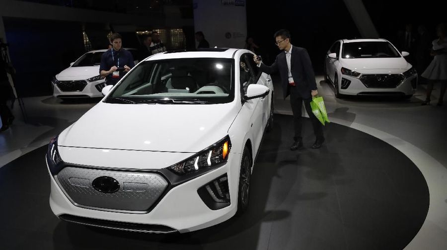 The Hyundai Ioniq electric car is shown at the Automobility LA Auto Show Wednesday, Nov. 20, 2019, in Los Angeles. (AP Photo/Marcio Jose Sanchez)