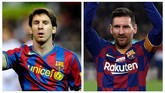 Foto kiri menunjukkan Lionel Messi saat melawan Sevilla pada Copa Del Rey, Januari 2010. Sementara foto kanan ketika Messi memamerkan gelar Ballon d'Or 2019 di Camp Nou bulan ini. (AFP PHOTO/CRISTINA QUICLER/Josep LAGO)
